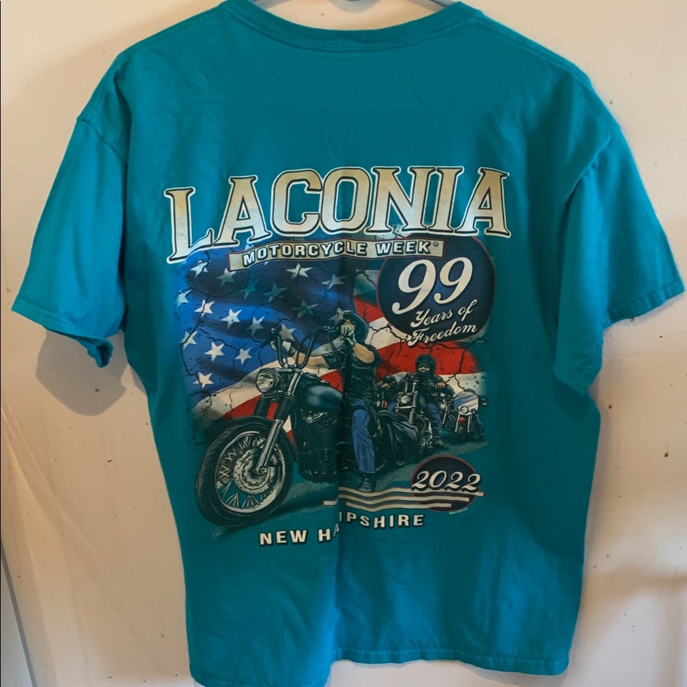 Teal Laconia Motorcycle Week New Hampshire 2022 100% Cotton Graphic T-Shirt SZ L